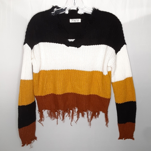 Full Circle Trends Tops - Full Circle Trends Raw Hem Knit Sweater Top Long Sleeve Color Block Small